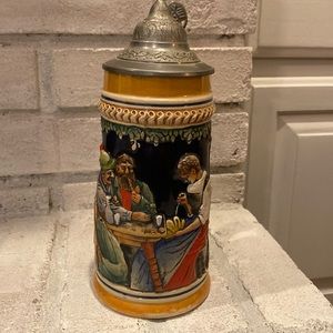 Vintage German beer stein tankard hand painted pewter lid breweriana pottery